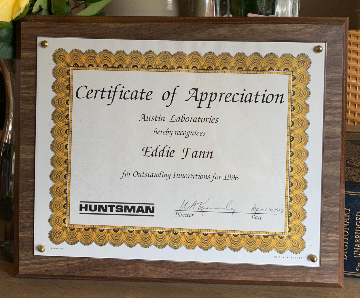 Huntsman Certificate of Appreciation