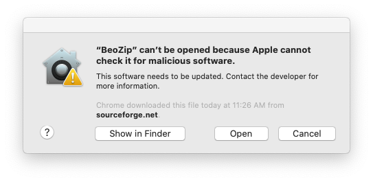 BeoZip Open Warning